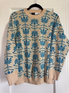 Floral Crewneck Sweater - Beige with Teal Floral Pattern
